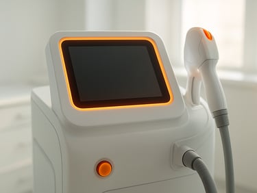 Macro shot of a modern aesthetic laser device with glowing interface, clinical environment, bright daylight, warm orange highlights, 35mm
