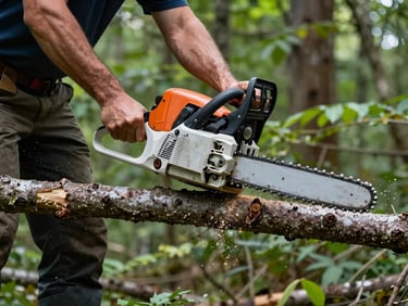 Arborist in harness, close-up of hands making a clean cut with a chainsaw on a thick branch, sawdust flying, dynamic low-angle shot, crisp natural daylight, deep forest greens.