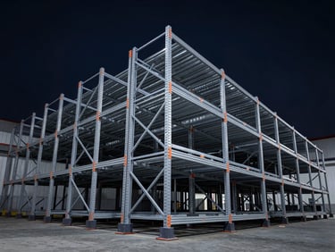 High-bay pallet racking system in a large industrial warehouse, low-angle shot emphasizing height and load capacity, dramatic warehouse scale lighting, steel grey tones.