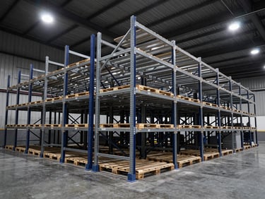 Pallet racking system in a modern logistics warehouse, industrial lighting, sharp focus, 35mm