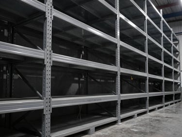 Rows of heavy-duty industrial shelving units in a warehouse, showing different depths, low-angle shot, organized and clean.