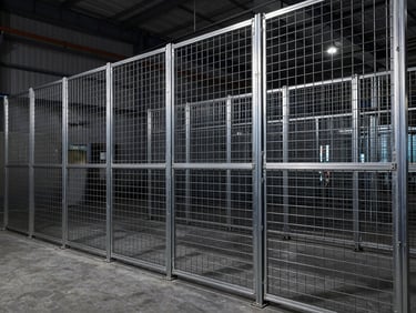 Industrial steel mesh partition walls separating warehouse zones, crisp technical detail, 35mm