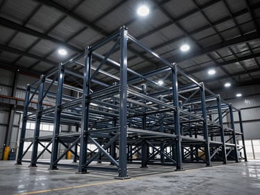 Heavy-duty steel mezzanine structure inside an industrial warehouse, clean lines, wide-angle lens, 35mm