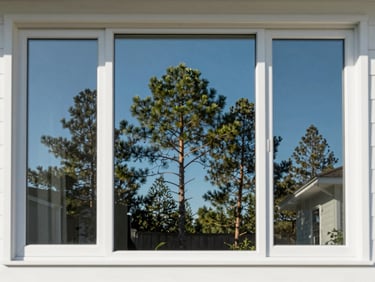 Sparkling clean home windows reflecting tall pine trees and a clear blue sky, crisp morning light, 35mm