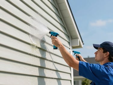 Close-up of a professional technician soft-washing light-colored home siding, clean water droplets, bright daylight, 35mm