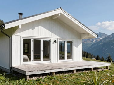 Pristine wooden deck and clean roofline of an alpine home, bright high-key natural daylight, 35mm