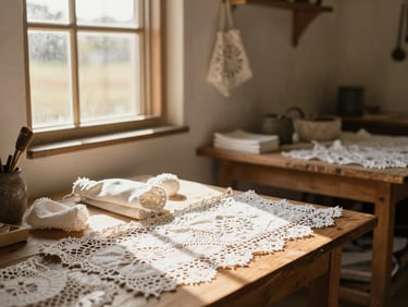 A rustic artisanal lace workshop in Uruburetama, soft natural light streaming through a window onto wooden tables, warm sun-washed tones.