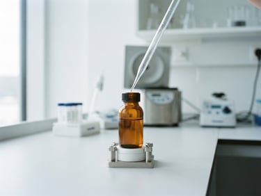 Clean clinical photography, bright cool daylight, minimalist laboratory setting, sharp focus, high-end editorial, 35mm. A single amber glass vial with a precise pipette, in a sterile, modern lab environment.