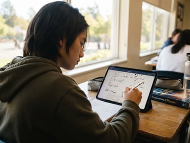Over-the-shoulder shot of a high school student solving a complex physics problem on a tablet, bright natural window light, editorial photography style