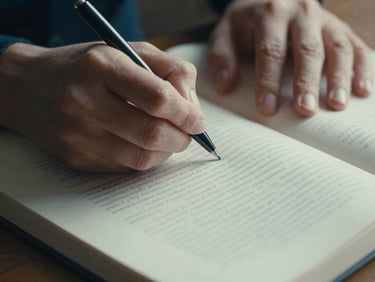 A close-up of a writer's hands holding a pen over a manuscript, with soft, focused lighting, emphasizing the act of creation, rich paper texture.