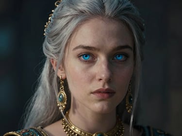 Cinematic close-up portrait of a young woman with silver hair, glowing blue eyes, ancient gold jewelry, dark background, soft side-lighting