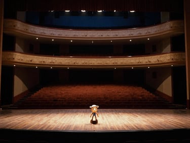 Dramatic stage lighting on an empty theater stage, a single spotlight on a small, whimsical prop, wide cinematic shot, warm glow, 35mm film