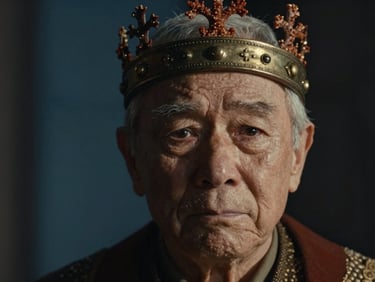 Cinematic close-up portrait of an elder king with a crown of dark coral, sad expression, dramatic lighting