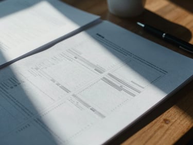 Close-up cinematic shot of a storyboard or film script pages scattered on a wooden desk, with a pen and coffee cup, warm natural light from a window, high-contrast deep blue shadows, 35mm film aesthetic.
