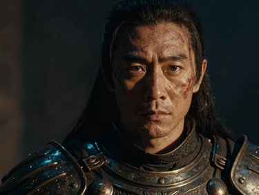 Cinematic close-up portrait of a scarred warrior in dark bronze armor, intense gaze, low-key lighting, deep shadows
