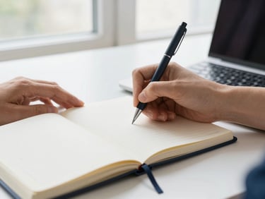 Close-up of hands writing in a physical planner next to an open laptop, bright natural window light, 35mm lens.