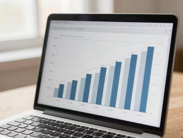 Close-up of a modern laptop screen showing clean analytical bar charts, shot from a side angle, bright natural window light, warm sand accents.