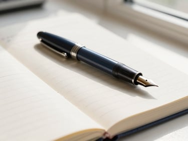 Macro detail of a fountain pen resting on a neatly organized physical ledger book, warm morning light, soft shadows, clean desk setup.