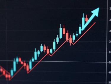 Tight crop of a candlestick chart with bright cyan buy arrow and red sell arrow overlaid at signal candles, dark charcoal background, clean indicator line below price