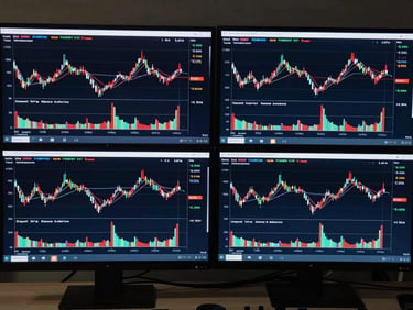 Split-screen trading terminal showing four asset class charts side by side — equities, crypto, forex, options — all with matching indicator overlays, dark screen glow