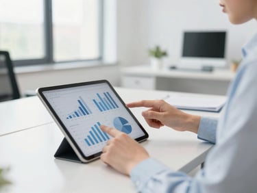 A professional in a clean, bright corporate office reviewing financial charts on a modern tablet, soft daylight, professional atmosphere
