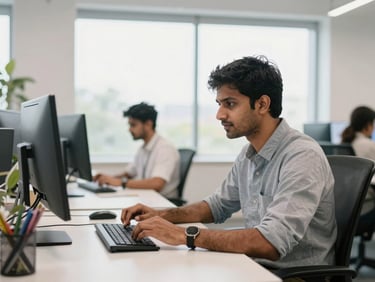 Bright modern workspace in Bangalore, focused Indian software developer writing code at a clean desk, soft natural daylight, shallow depth of field.