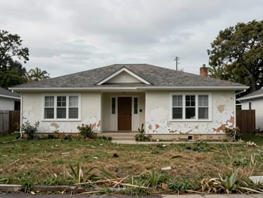 Exterior of a vacant residential property with peeling paint and an overgrown yard, overcast daylight, wide environmental framing, no people