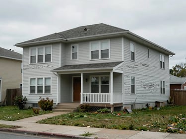 Wide shot of a worn two-story residential property exterior, overgrown front yard, peeling paint on the siding, overcast midday light — documentary framing, no staging, shot from street level slightly off-center to the right