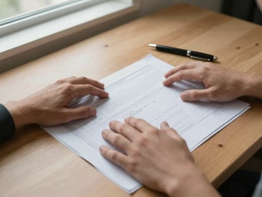 Hands spread across a printed property report on a plain wooden desk, a pen resting nearby, north-facing window light, paperwork visible with handwritten notes in margins — documentary close shot, no props
