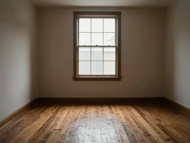 Interior of an empty room with hardwood floors and a single bare window, available daylight casting soft shadows, no staging or furniture, documentary framing