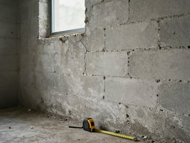 Close medium shot of a cracked foundation wall in a dim basement, available light from a small window, unpainted concrete block, a measuring tape resting on the floor — honest documentation framing, no styling