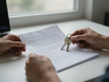Hands holding a folded paper document beside a set of house keys on a plain desk surface, overcast window light, close environmental detail, no people's faces