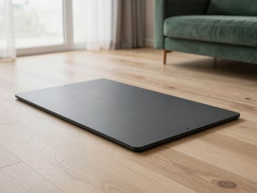 Sleek dark charcoal vibration plate on a light oak floor, modern minimalist living room background, soft daylight