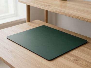 Sleek walking pad positioned under a minimalist wooden desk, soft natural window light