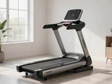 Folded treadmill in a bright, modern studio apartment, brushed aluminum details catching soft morning light