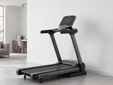 Foldable treadmill standing upright against a clean white wall in a modern apartment
