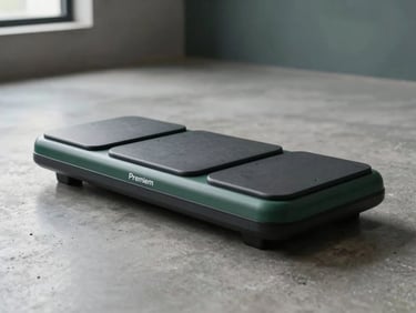 Premium vibration plate on a polished concrete floor, soft studio key lights, macro shot of engineering details