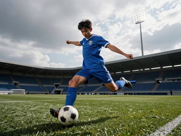 Low-angle action freeze of a youth player striking a football on pristine turf, dramatic stadium floodlights casting sharp shadows, energetic sport blue jerseys.