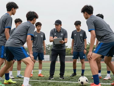 A coach demonstrating tactical setups on a clipboard to a group of attentive youth athletes, outdoor training field, athletic charcoal gray gear.