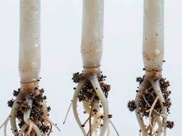 Macro close-up of healthy root systems intertwined with visible soil layers, under clean clinical white light, high-contrast cool tones.
