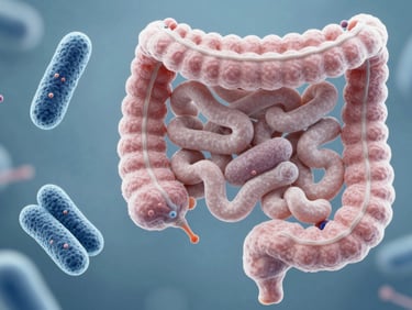 Microscopic view of beneficial gut bacteria in a healthy animal intestine, clinical scientific photography, bright clean laboratory lighting, crisp details, high-contrast cool tones.