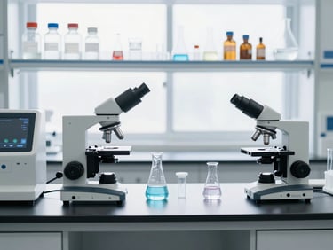 Clean laboratory environment with scientific equipment analyzing biological samples, bright overcast daylight, sterile and precise, high-contrast cool tones.