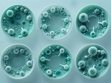 Microscopic view of soil microbiology and active enzymes, crisp clinical lighting, cool teal tones, high contrast, scientific photography.