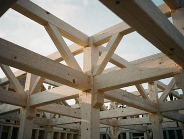 Dramatic structural geometry of a newly raised timber frame interior, clean white oak bents meeting at complex angles, golden hour light streaming through high rafters