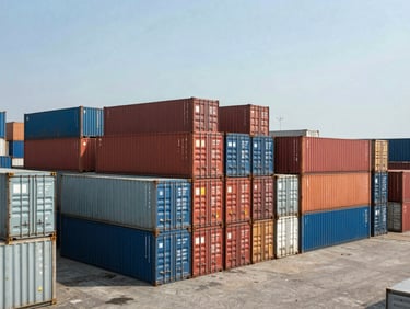 Wide-angle shot of a busy South Indian shipping yard, stacked ocean containers ready for transport, direct harsh sunlight.