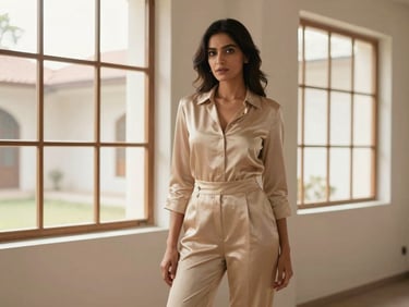 A modern South Asian woman in a tailored beige silk co-ord set standing in a minimalist modern interior with large windows, soft natural light, confident and elegant stance