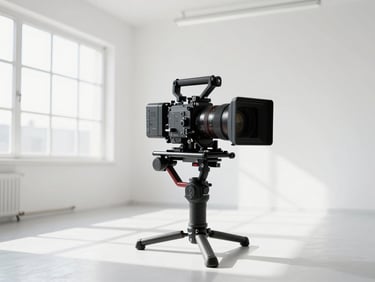 Professional cinema camera rig mounted on a stabilizer inside a sun-drenched modern creative studio, clean white background, sharp focus.