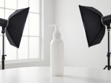 Bright high-key studio photography of a clean commercial product setup with professional lighting modifiers visible, sharp focus, 35mm lens.