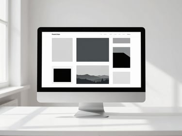 Minimalist creative workspace showing a high-end monitor with clean editorial layout designs, direct sunlight casting sharp geometric shadows.