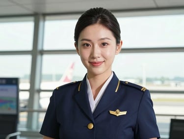 A sharp medium close-up portrait of a female first officer in a crisp navy uniform, smiling confidently in front of a modern airport terminal window, bright daylight, 35mm.
